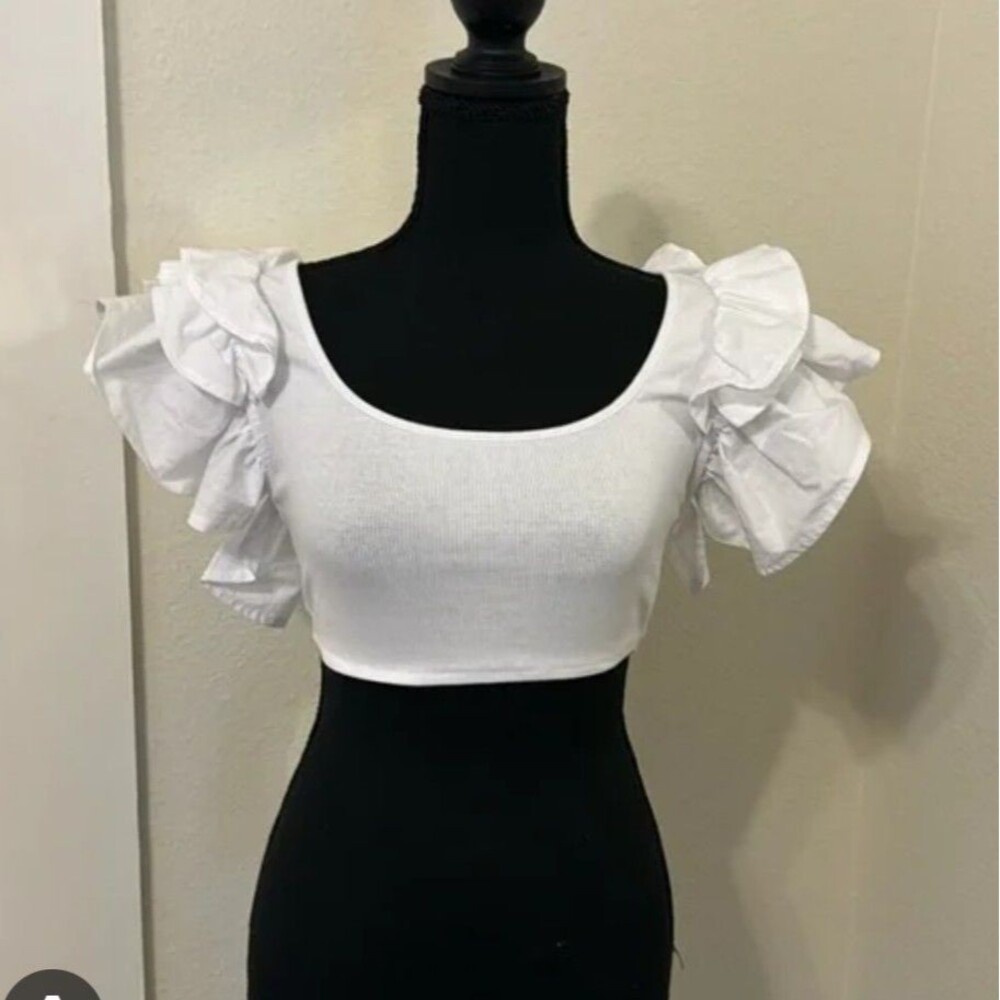 Zara White Ruffle Sleeve Crop Top Women’s Size Small S
